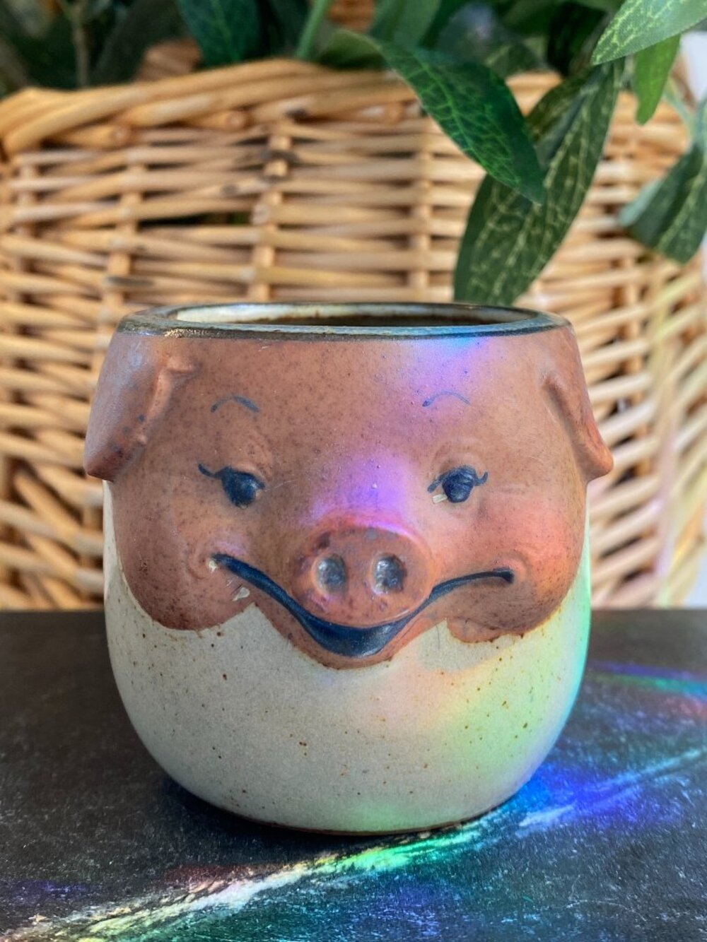 Vintage 70's UCTCI 3D Pig Face Terracotta Matte Glaze Espresso Toothpick Mug